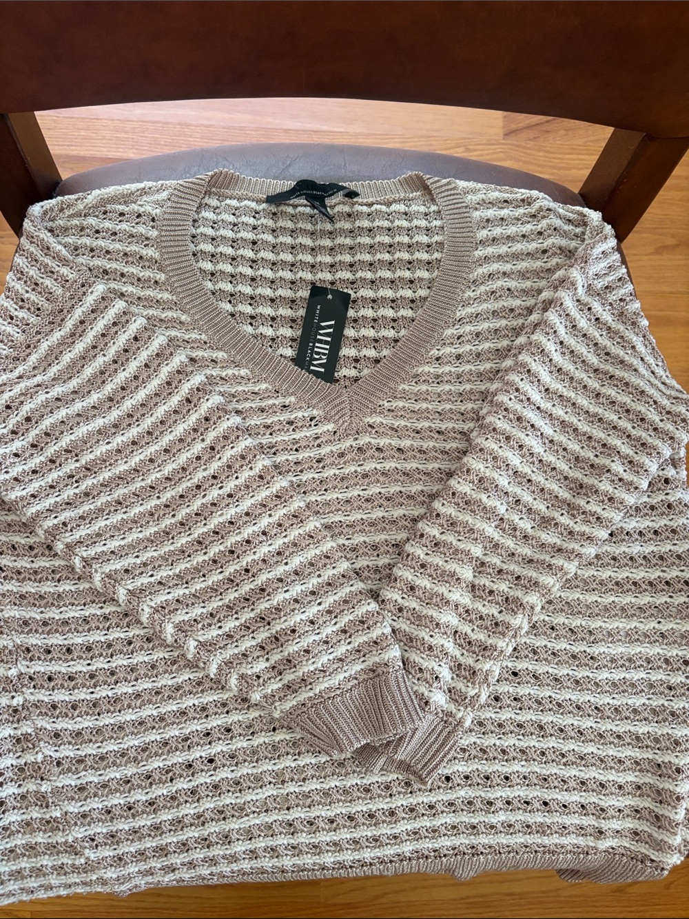 White House Black Market Taupe and Cream Striped V-Neck Sweater